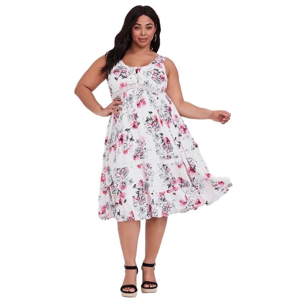 Torrid Floral Pink Challis Midi Dress with Lace